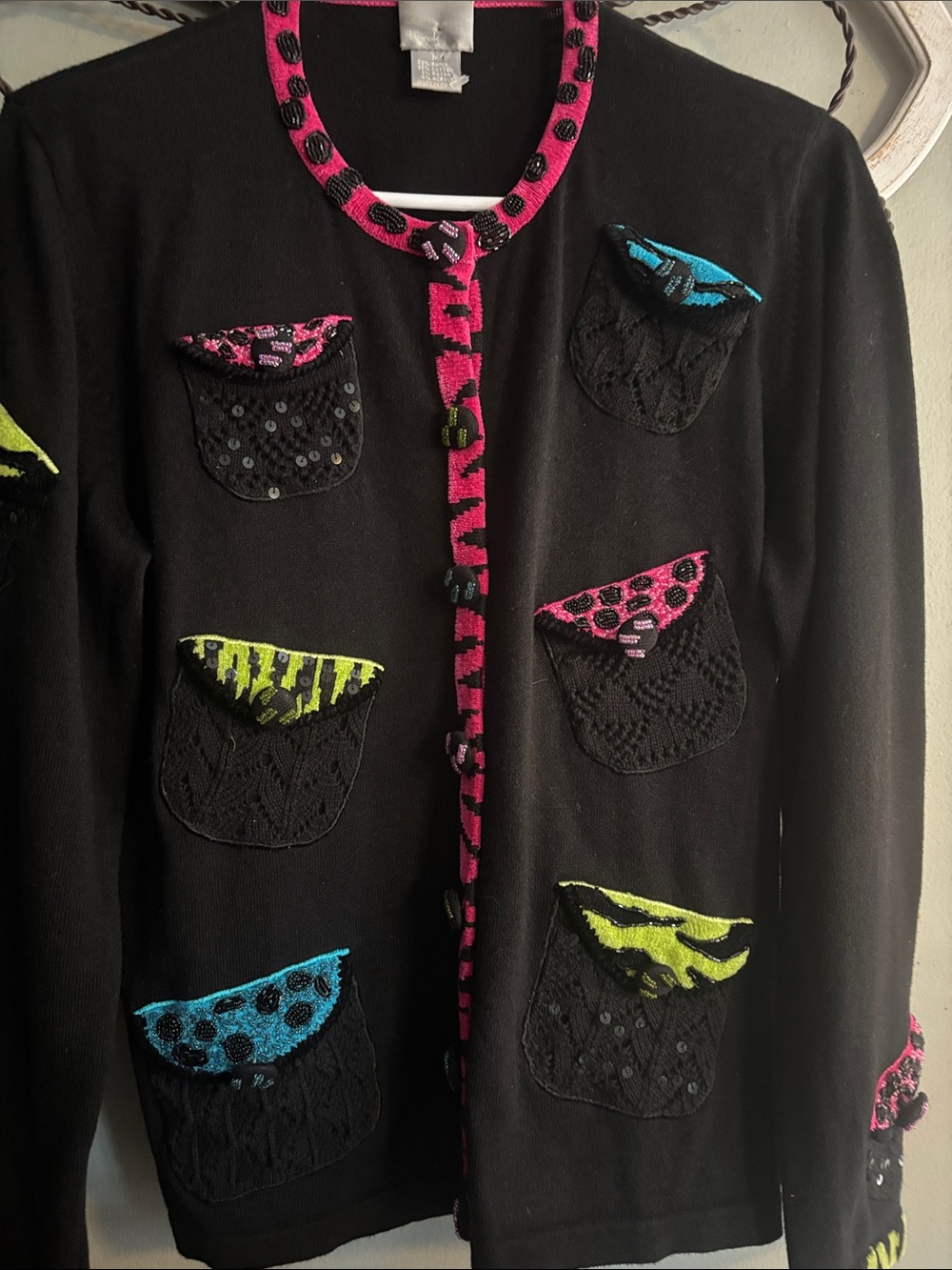 BEREK VINTAGE BLACK SWEATER WITH  MULTICOLOREDWITH BEADED POCKET & BUTTON DESIGN